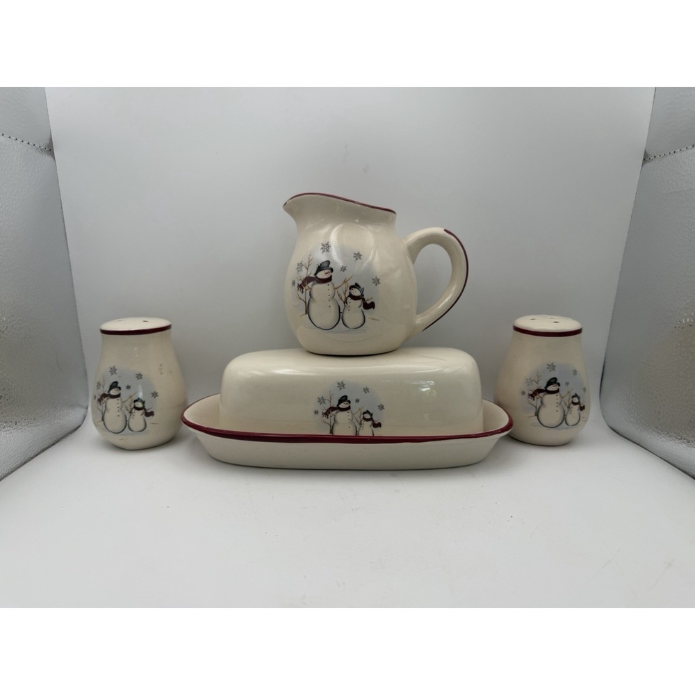 Royal Seasons Snowman Stoneware 4 Pc Set Butter Dish Creamer Salt Pepper